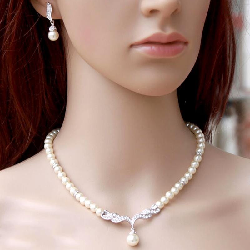 3 in 1 Bridal Accessories Lady Classic Fashion Bead Earring Necklace Jewelry Set (Silver)