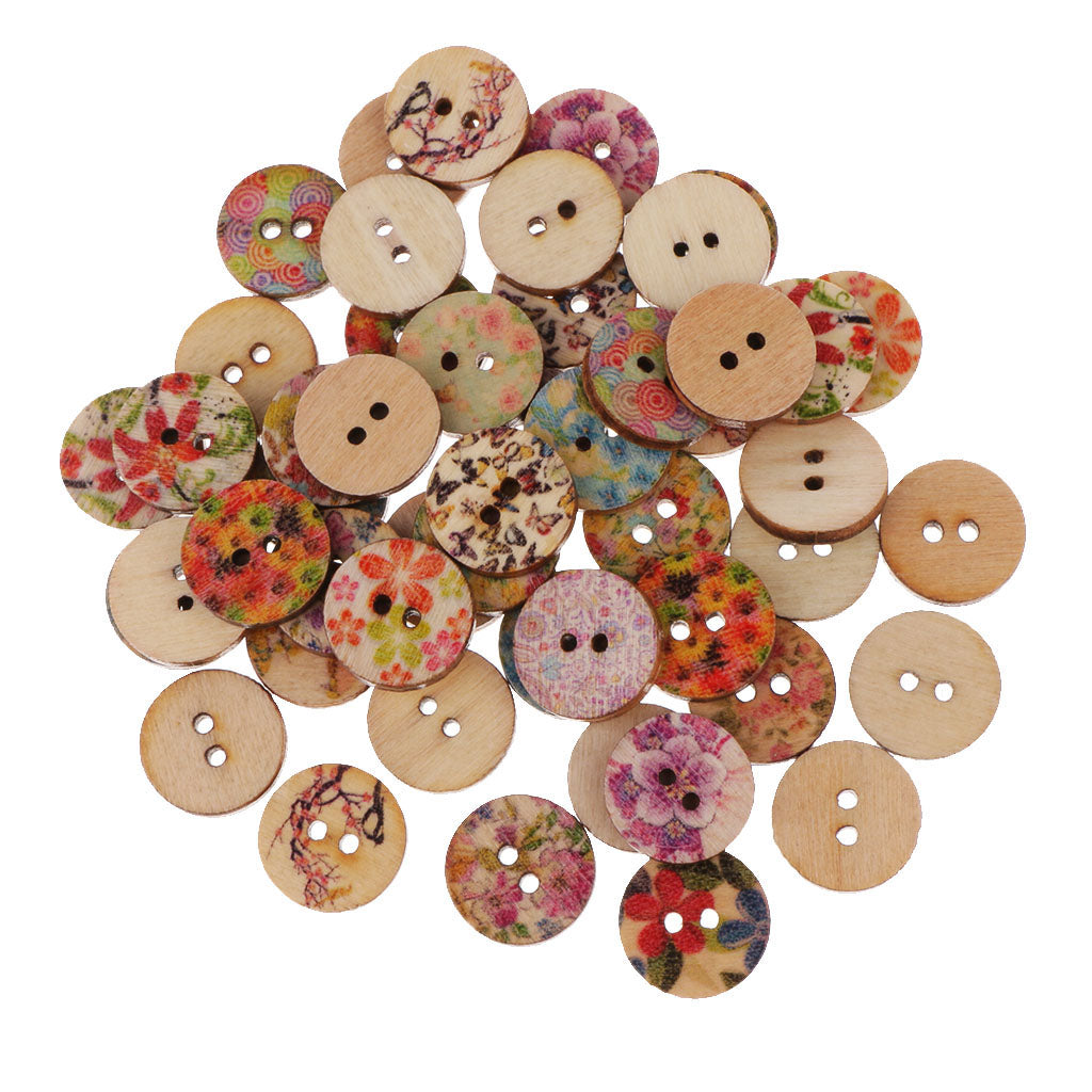 50pcs Mixed Vintage Wood Round Flower Buttons 2 Hole for Sewing Scrapbooking