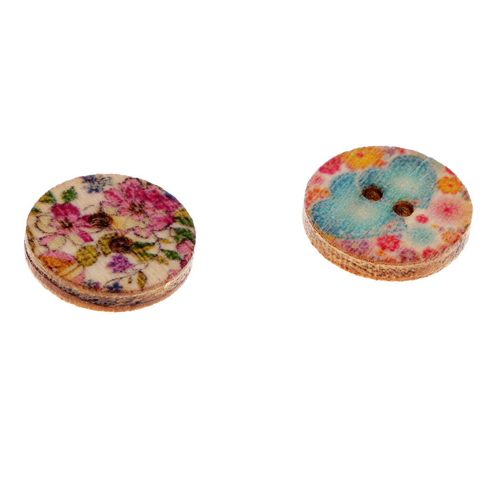 50pcs Mixed Vintage Wood Round Flower Buttons 2 Hole for Sewing Scrapbooking