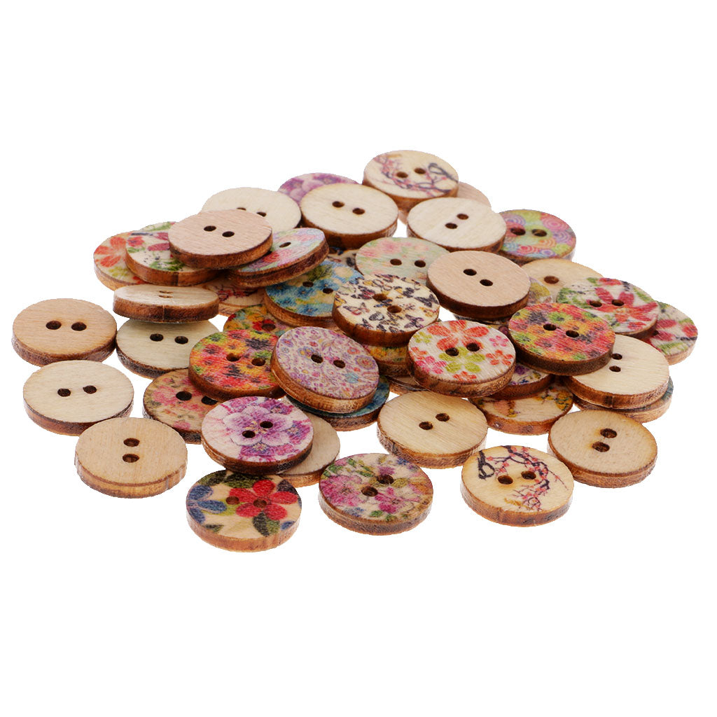 50pcs Mixed Vintage Wood Round Flower Buttons 2 Hole for Sewing Scrapbooking
