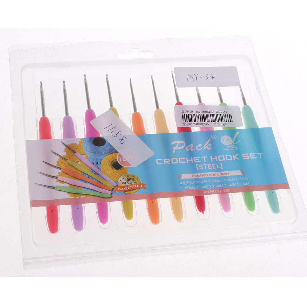 10pcs Colorful Metal Crochet Hooks Needles Set w/ Soft Handle 0.5-2.75mm