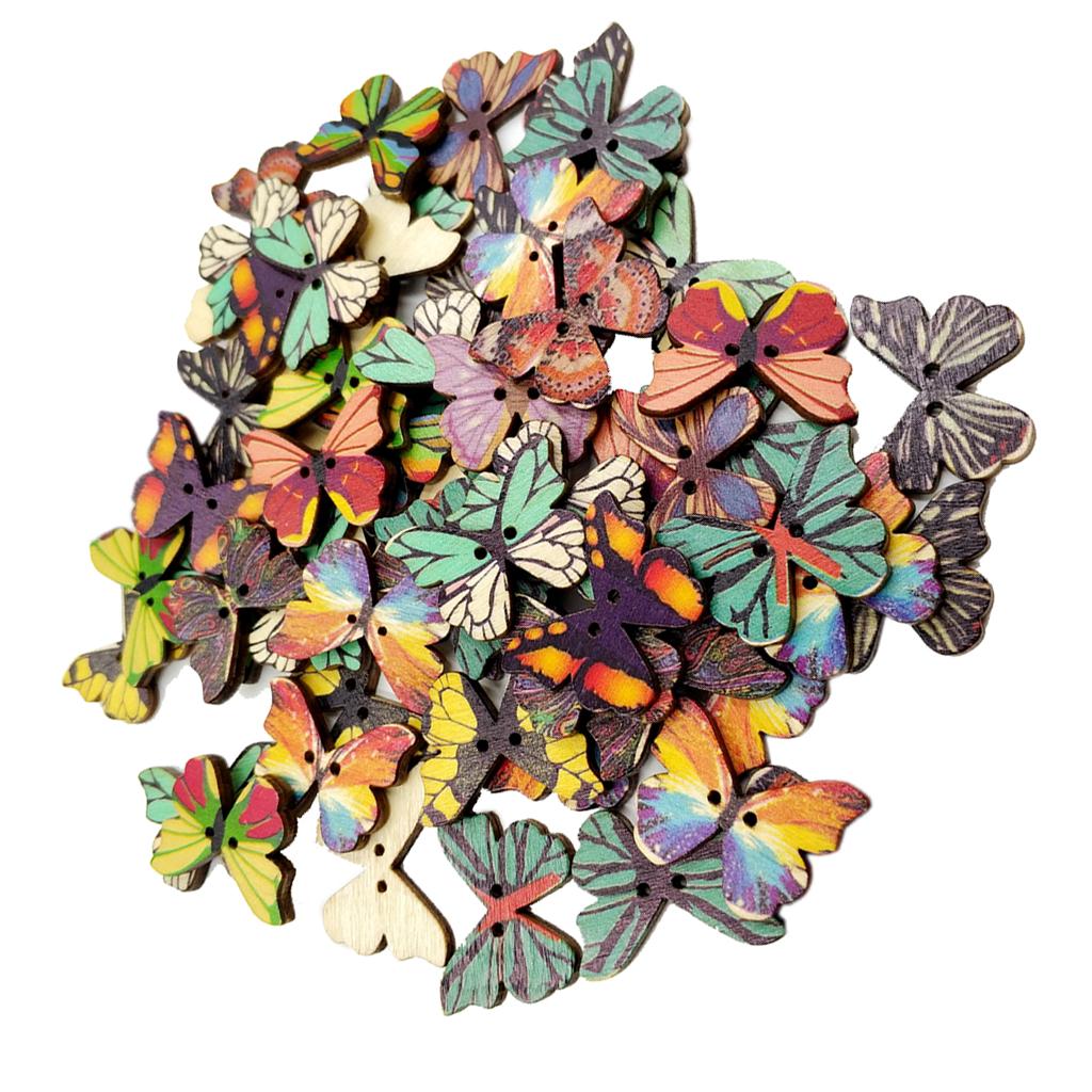 50pcs Vintage Wood Buttons 2 Holes Butterfly Buttons for Sewing Scrapbooking