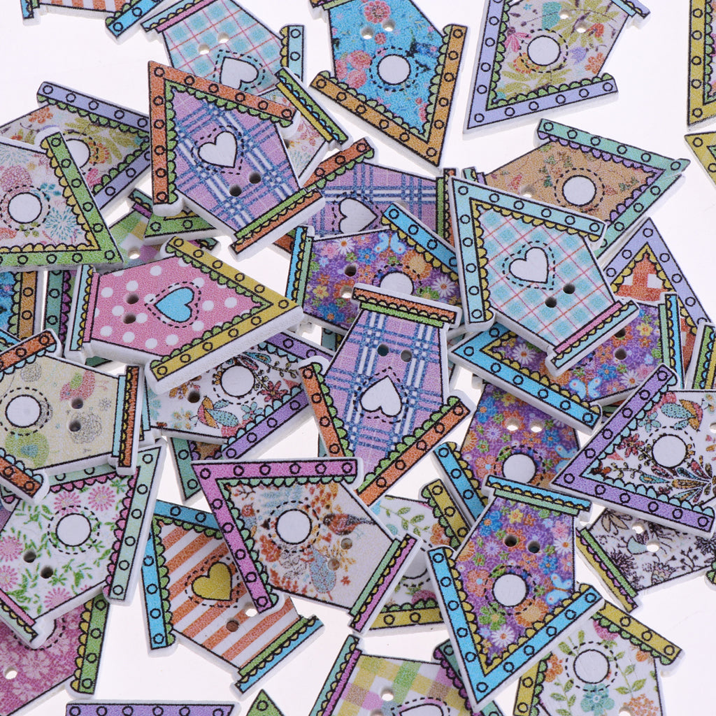 50pcs Mixed Cartoon House Wood Buttons for DIY Sewing Scrapbooking