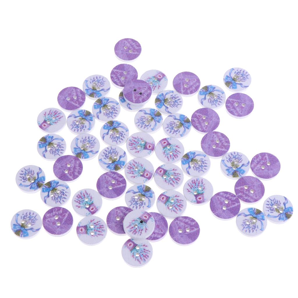 50pcs Wood Round 2 Holes Buttons Flower Buttons for DIY Sewing Scrapbooking