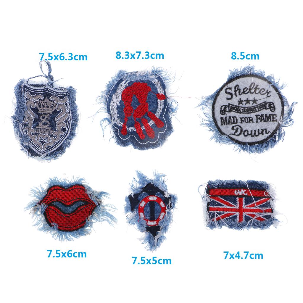 6 Pieces Embroidered Sew-on Patches Denim Fabric for Clothes Hats Bags Decor