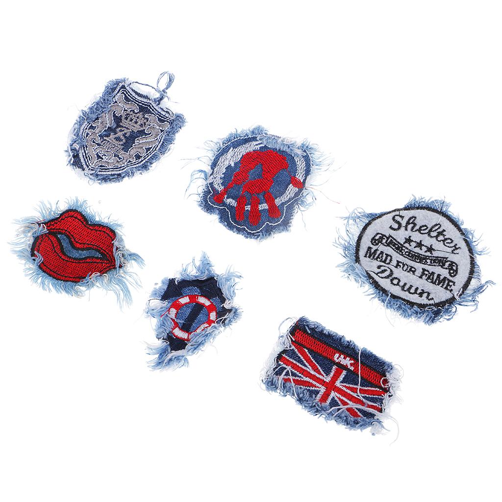 6 Pieces Embroidered Sew-on Patches Denim Fabric for Clothes Hats Bags Decor