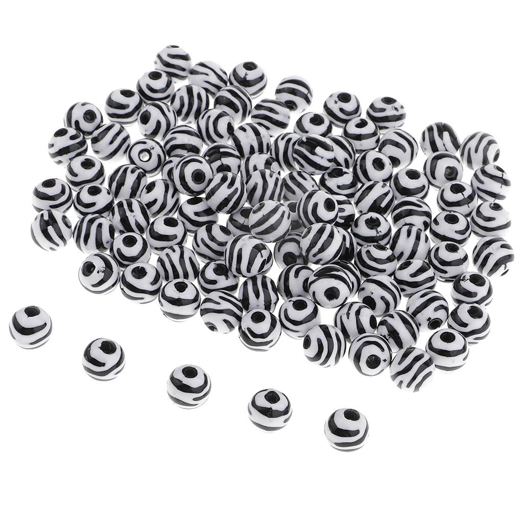 100pcs Resin Black and White Striped Beads Round Beads for Crafts Supplies