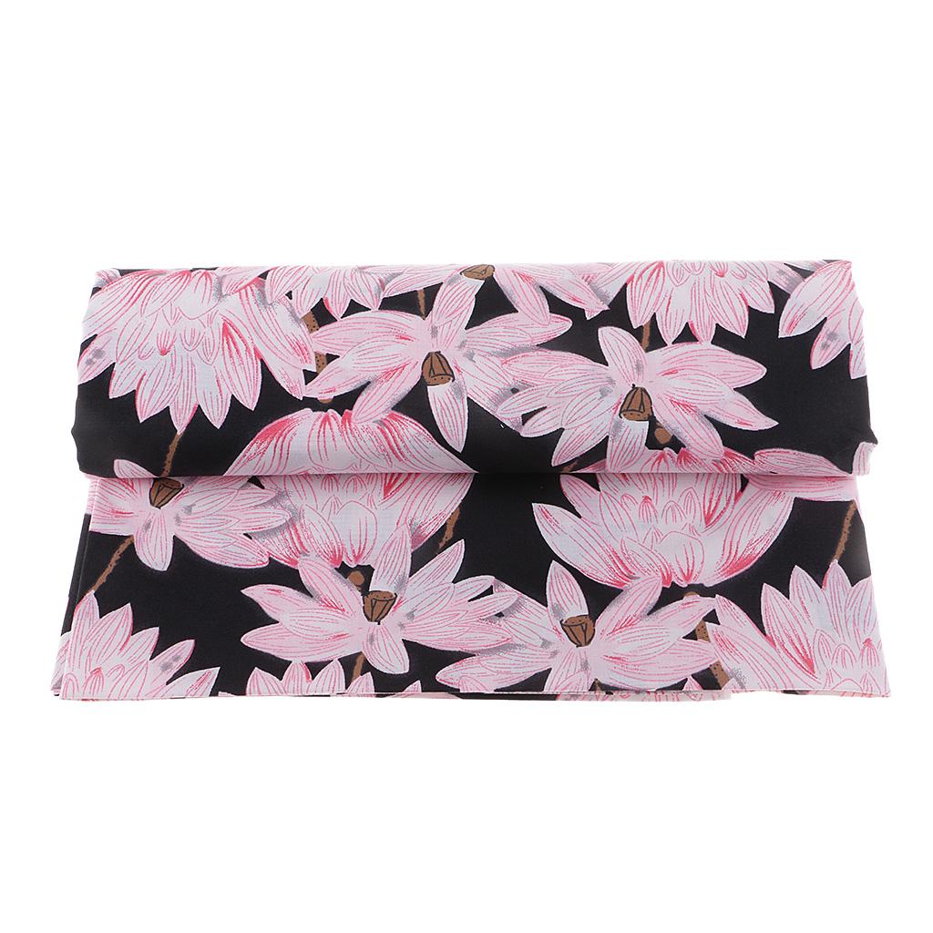 Printed Floral Cotton Fabric Sewing Material Japanese Black Lotus 1 Meter