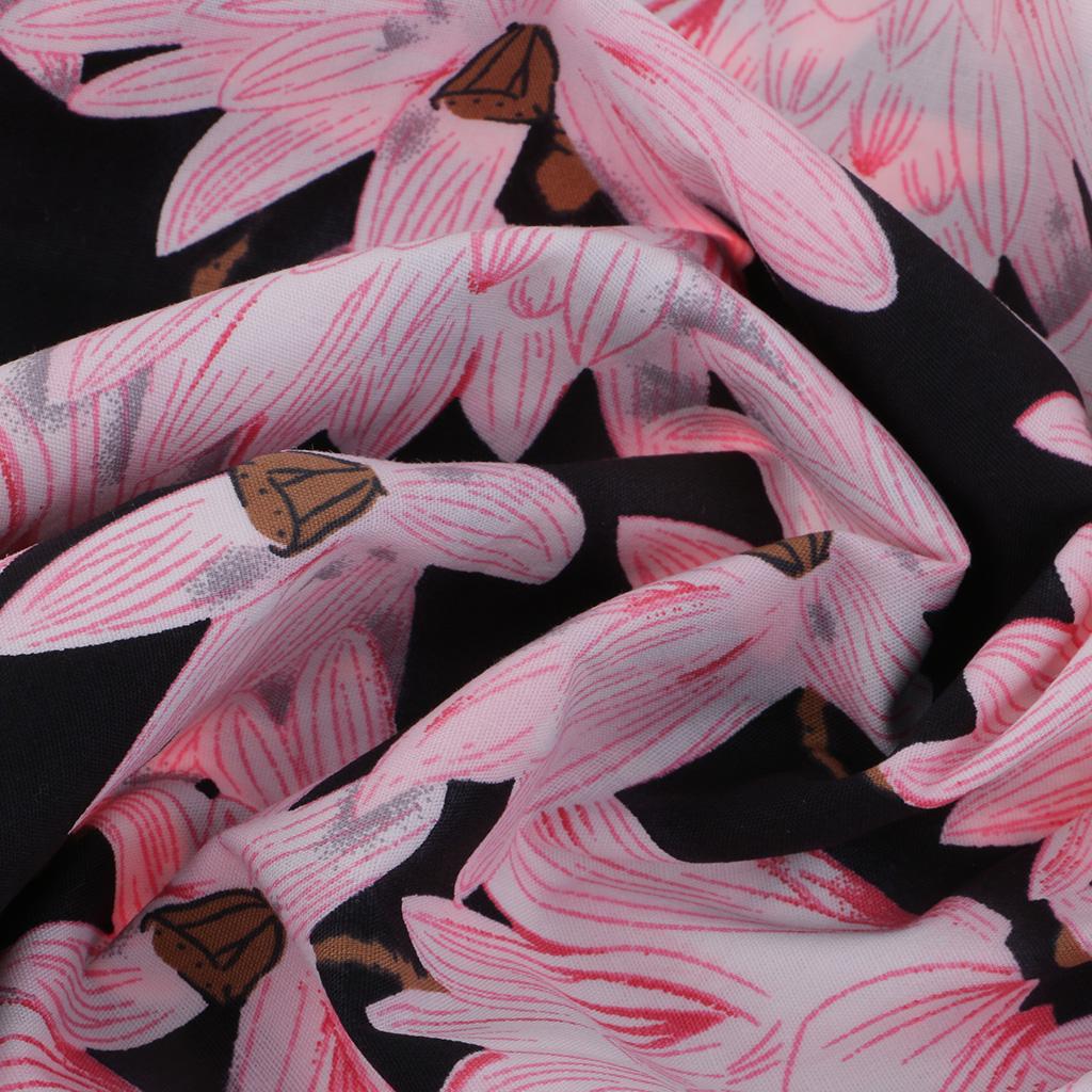 Printed Floral Cotton Fabric Sewing Material Japanese Black Lotus 1 Meter