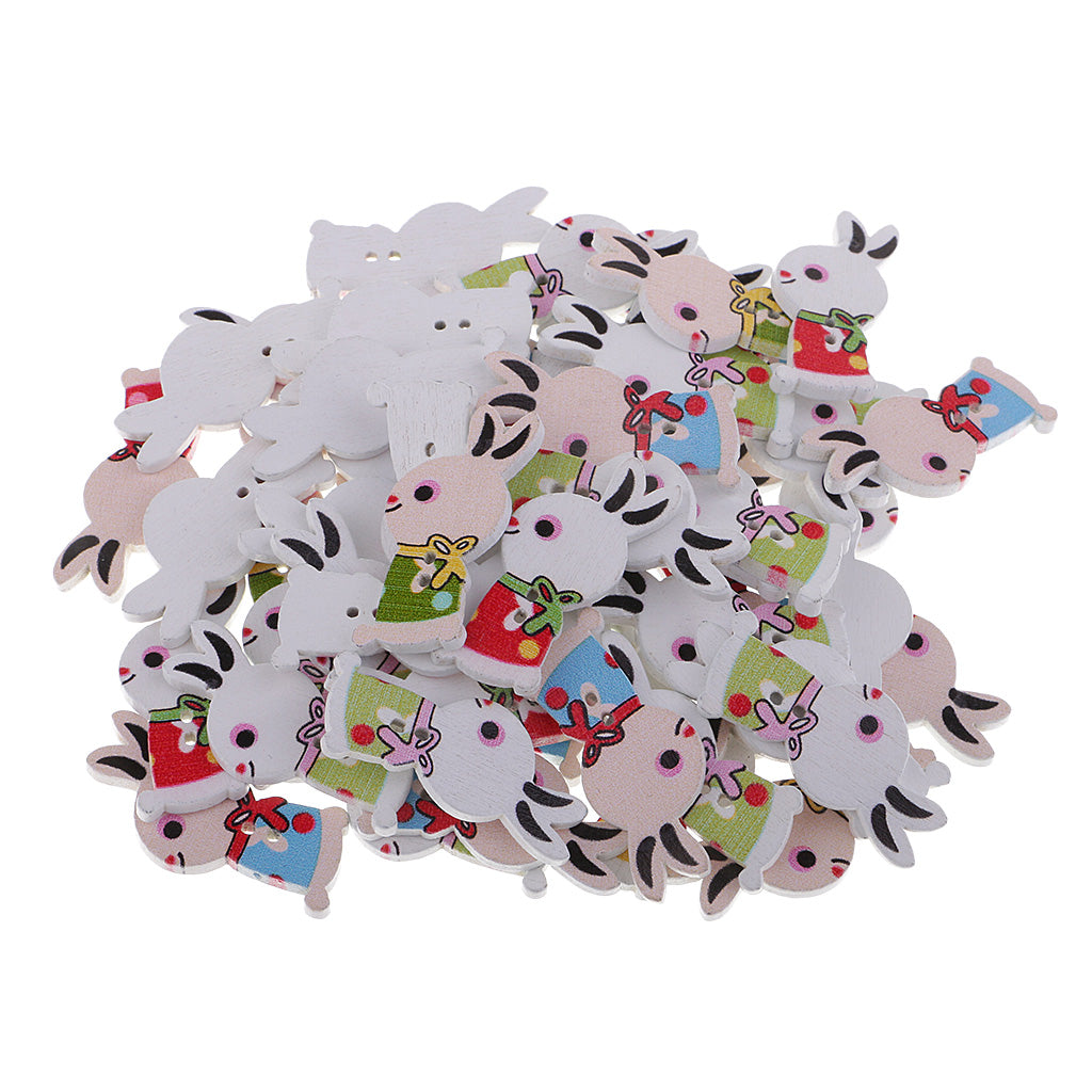 50pcs Cute Rabbit Design 2 Holes Wooden Buttons DIY Crafts for Sewing Decor