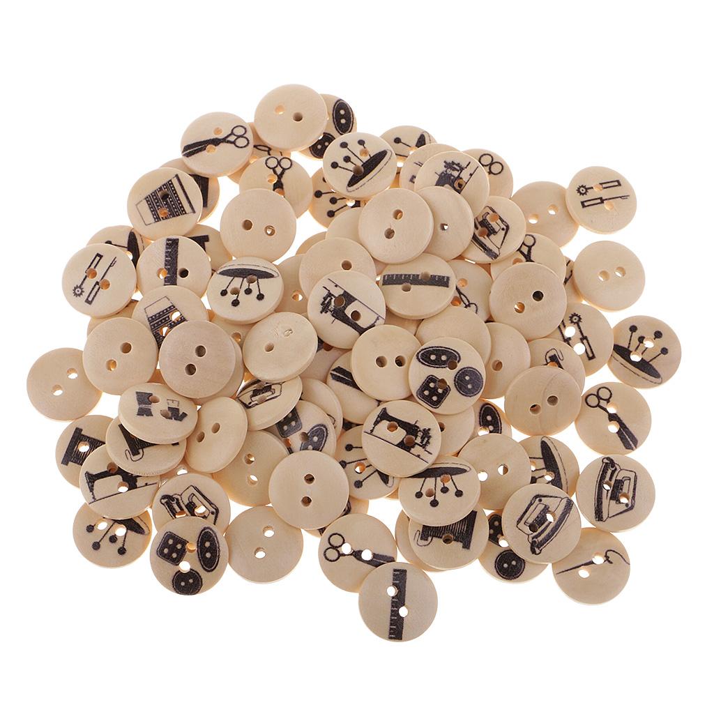 100pcs 2 Hole Wooden Button Fun Sewing Tool Pattern for Home Ornament Wood