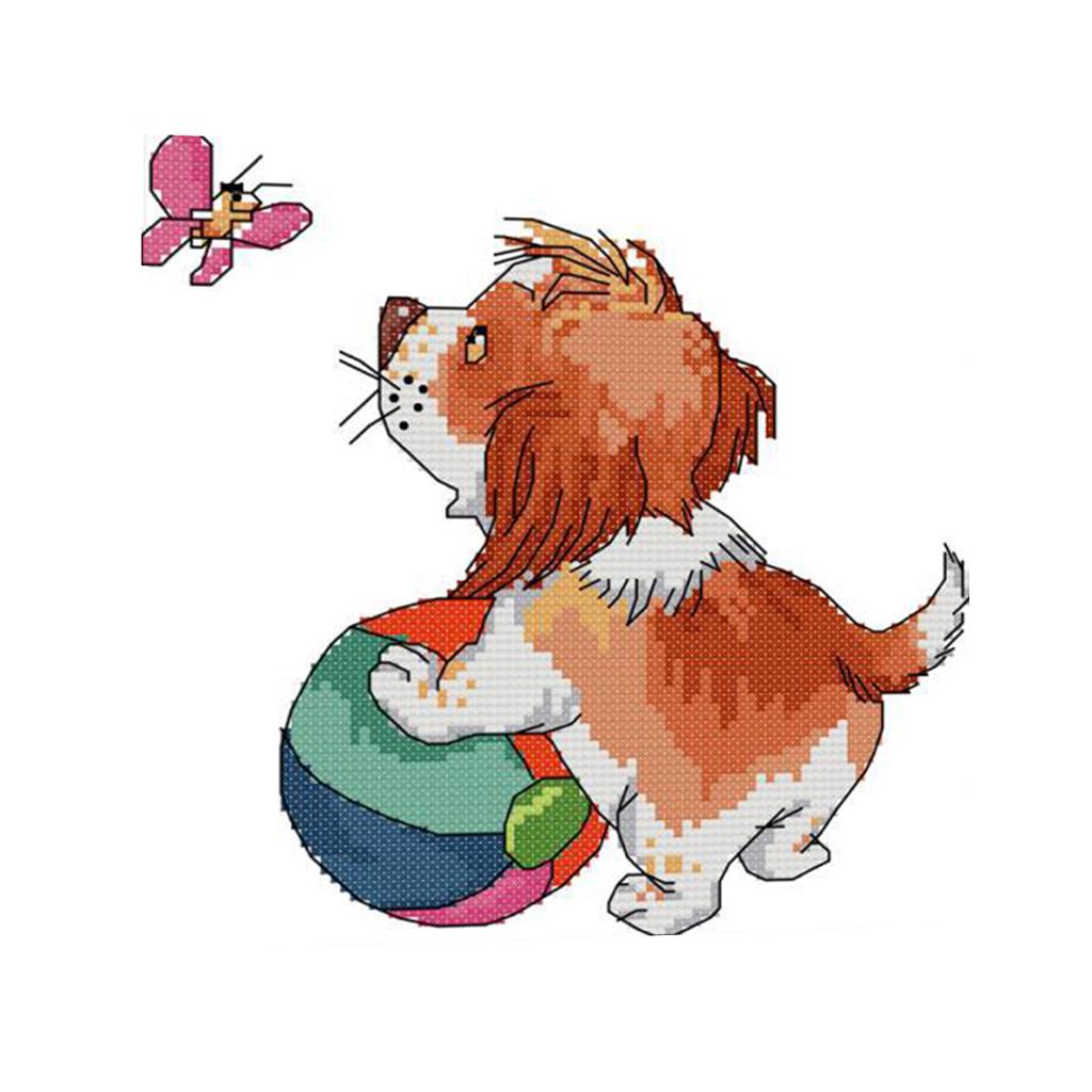 A Dog Playing Ball Counted Cross Stitch Kit DIY Needlework 14CT 21x21cm
