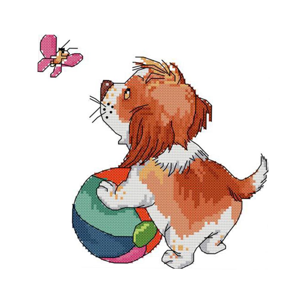 A Dog Playing Ball Counted Cross Stitch Kit DIY Needlework 14CT 21x21cm
