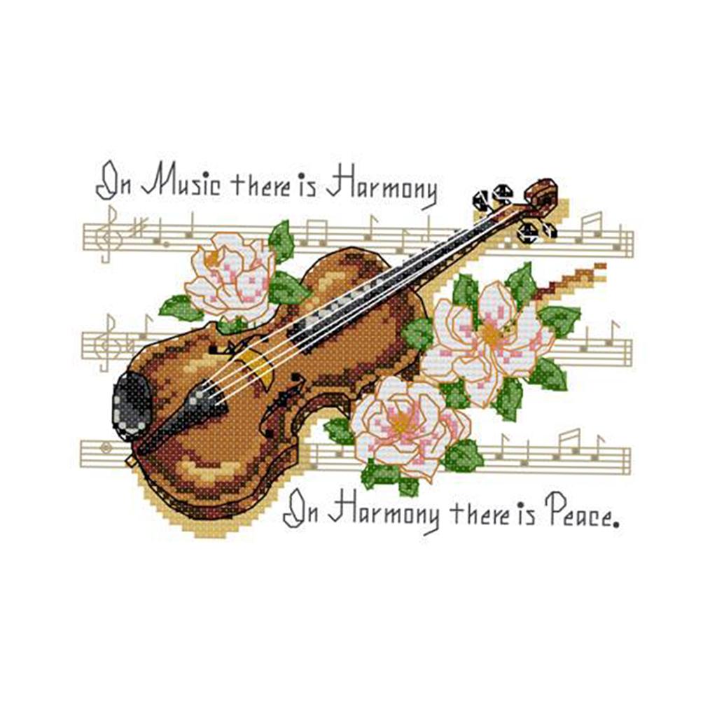 Pre-printed Violin Note Flower Cross Stitch Kit Needlecrafts 25 x 19cm 14CT