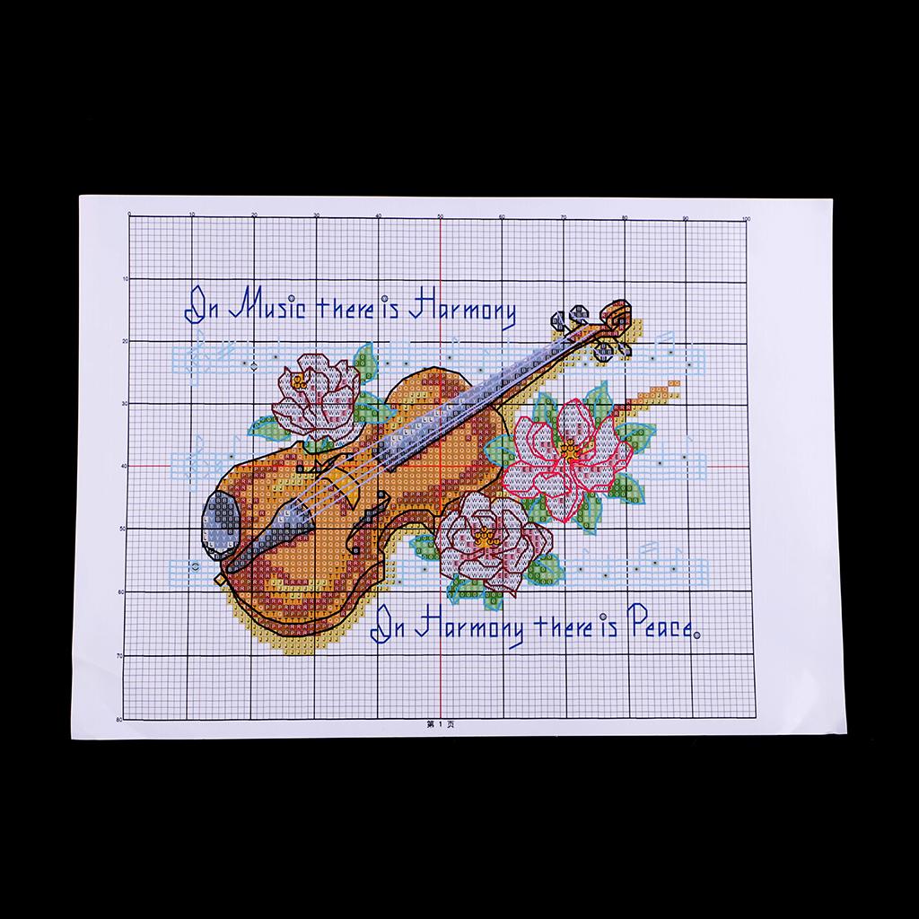 Pre-printed Violin Note Flower Cross Stitch Kit Needlecrafts 25 x 19cm 14CT