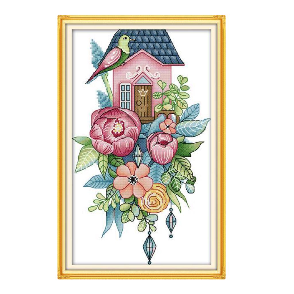 Chinese Pre-printed Flowers Bird Cross Stitch Kit Painting 20 x 33cm 14CT
