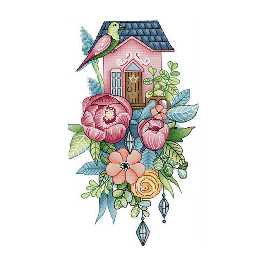 Chinese Pre-printed Flowers Bird Cross Stitch Kit Painting 20 x 33cm 14CT