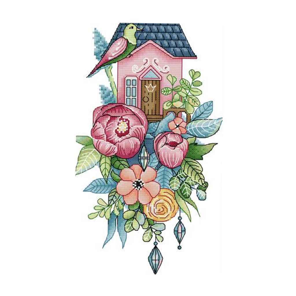 Chinese Pre-printed Flowers Bird Cross Stitch Kit Painting 20 x 33cm 14CT
