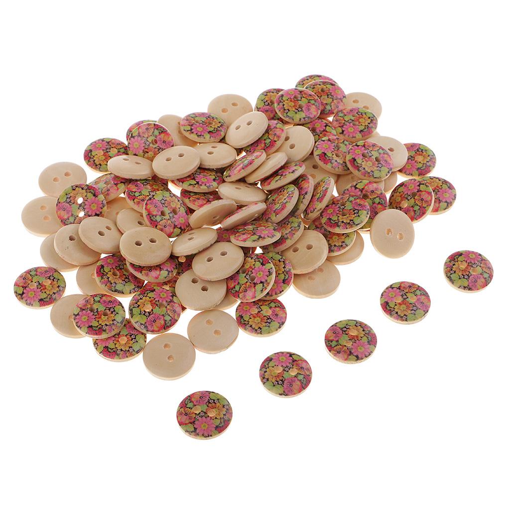 100Pcs Printed Sun Flowers Wooden Buttons for Sewing Scrapbooking 15mm Round