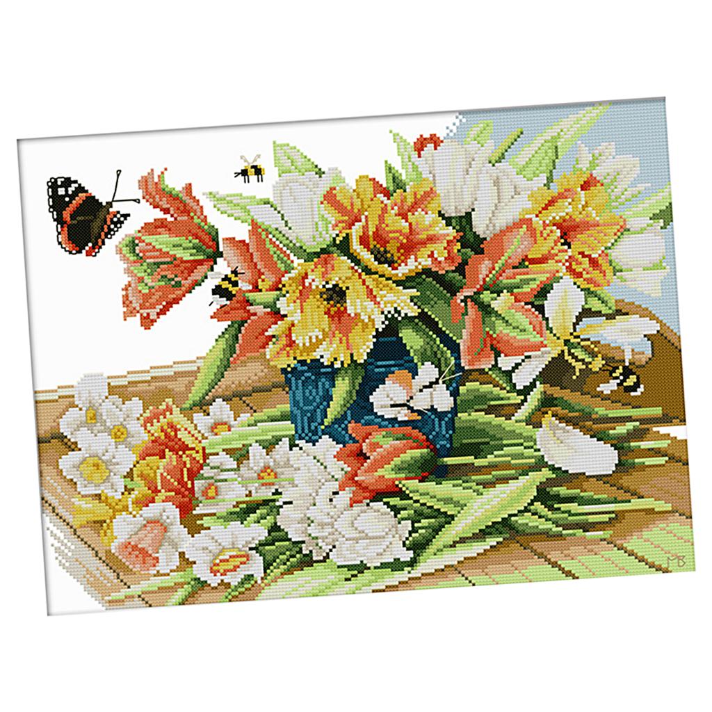Stamped Cross Stitch Starter Kit Pre-printed Flower Butterfly 14CT 44x33cm