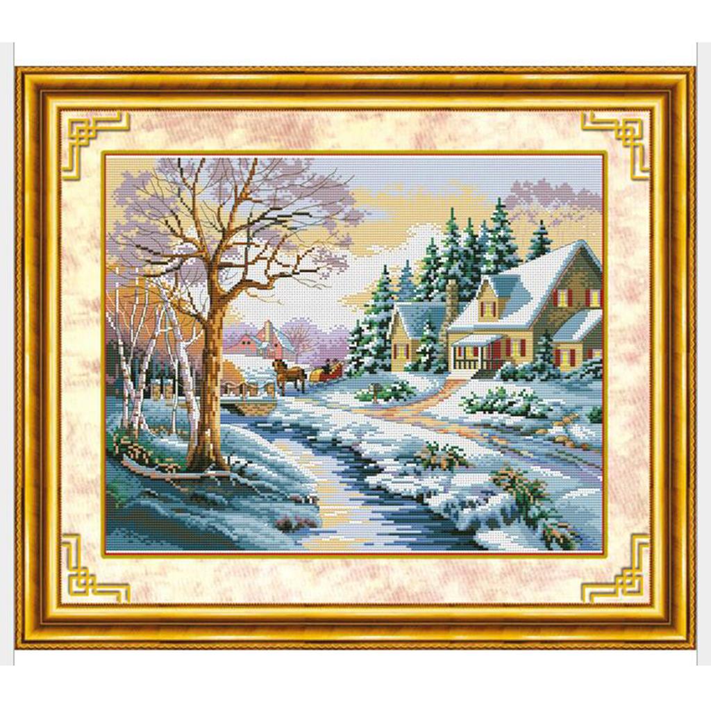 Stamped Snowscape Cross Stitch Kit 11CT Embroidery Cloth DIY Sewing Package