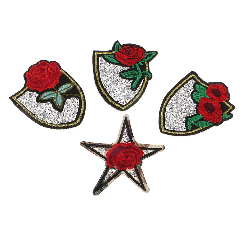4pcs Embroidered Rhinestone Flower Patches DIY Iron on Sew on Appliques