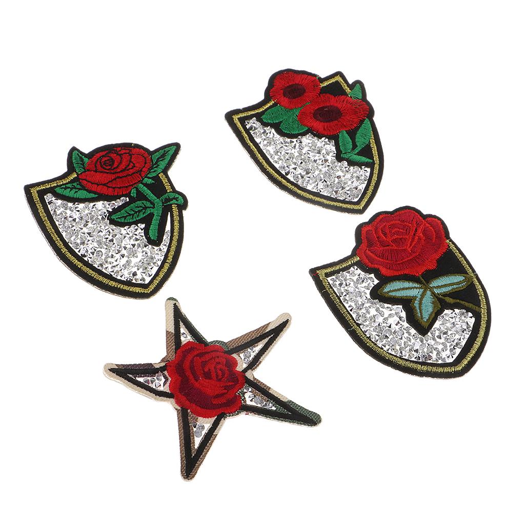 4pcs Embroidered Rhinestone Flower Patches DIY Iron on Sew on Appliques