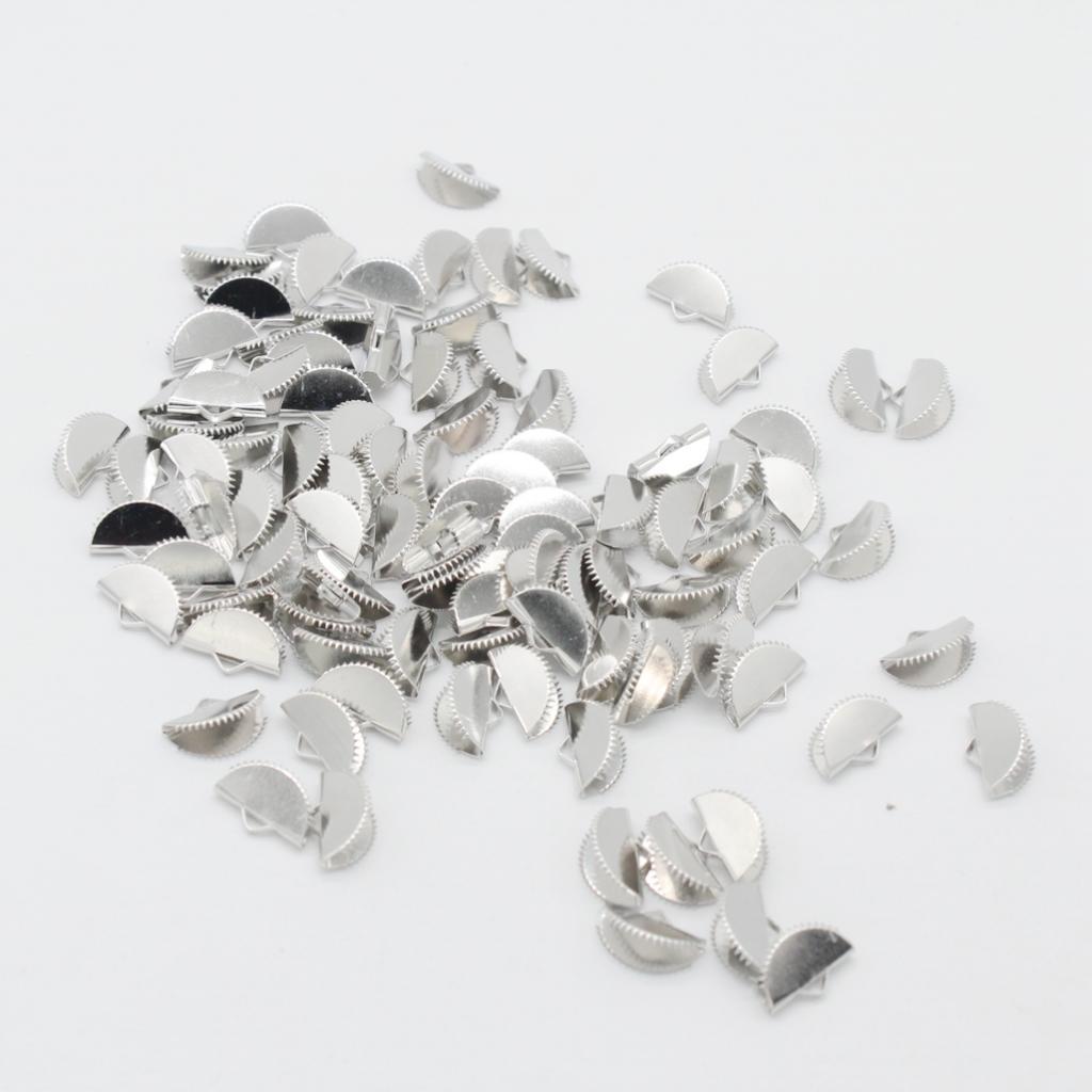 100pcs Semicircular Ribbon Crimp End Clip Clamp Belt Tip Connectors Silver