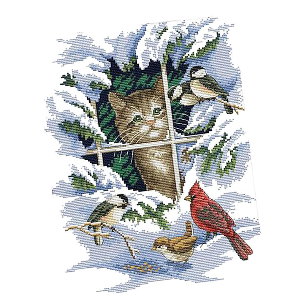 14CT 11CT Cat and Bird Stamped Cross Stitch Kit DIY Handmade Needlework 14CT 30x37cm