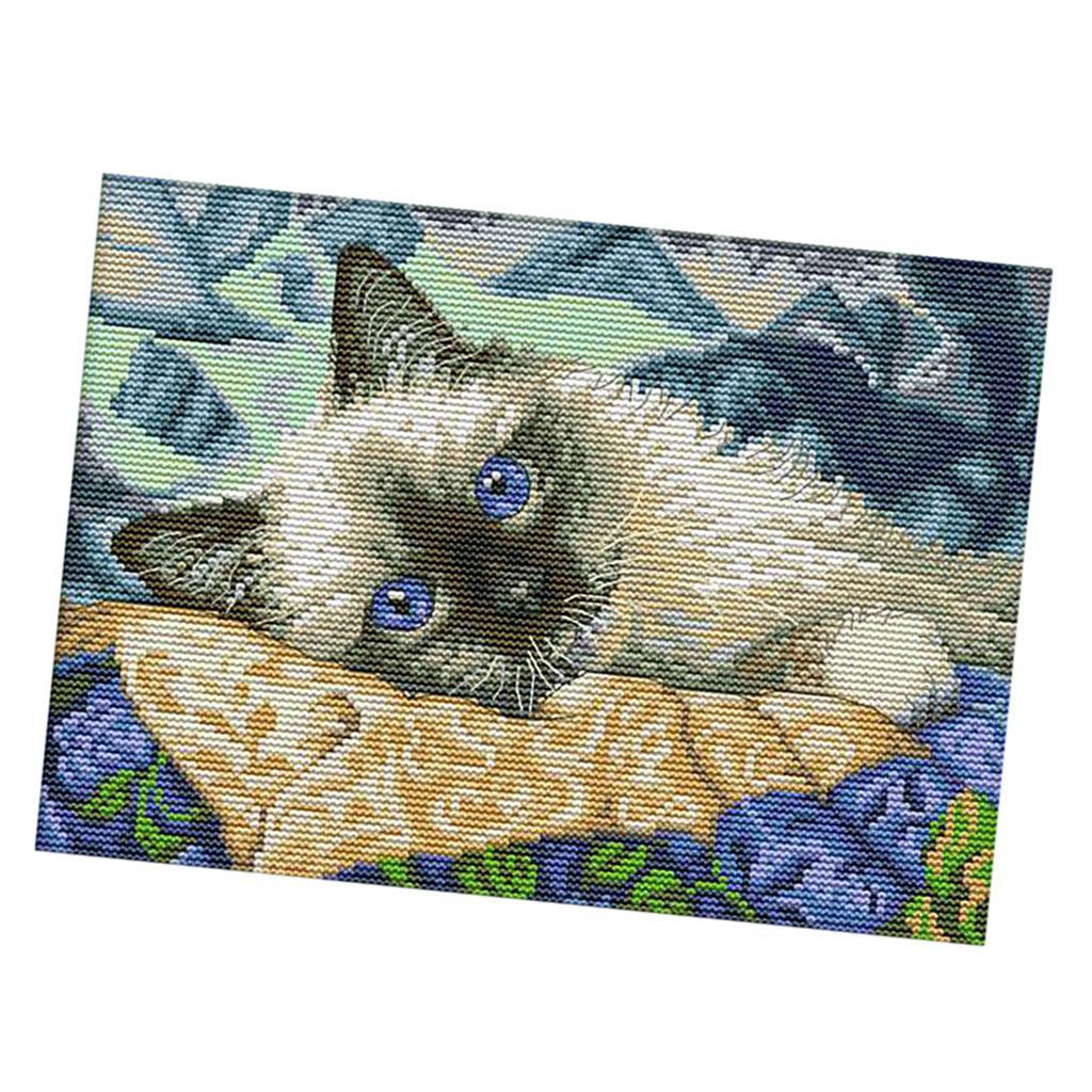 Handmade Ribbon Embroidery Cat Painting Kit Stamped Cross Stitch 39 x 27cm