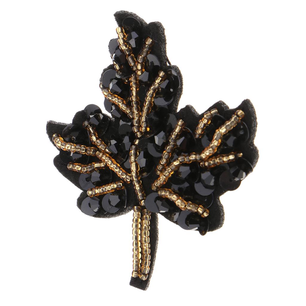 Beaded Sequin Maple Leaves Patches Applique for Bags Clothes Black + Yellow