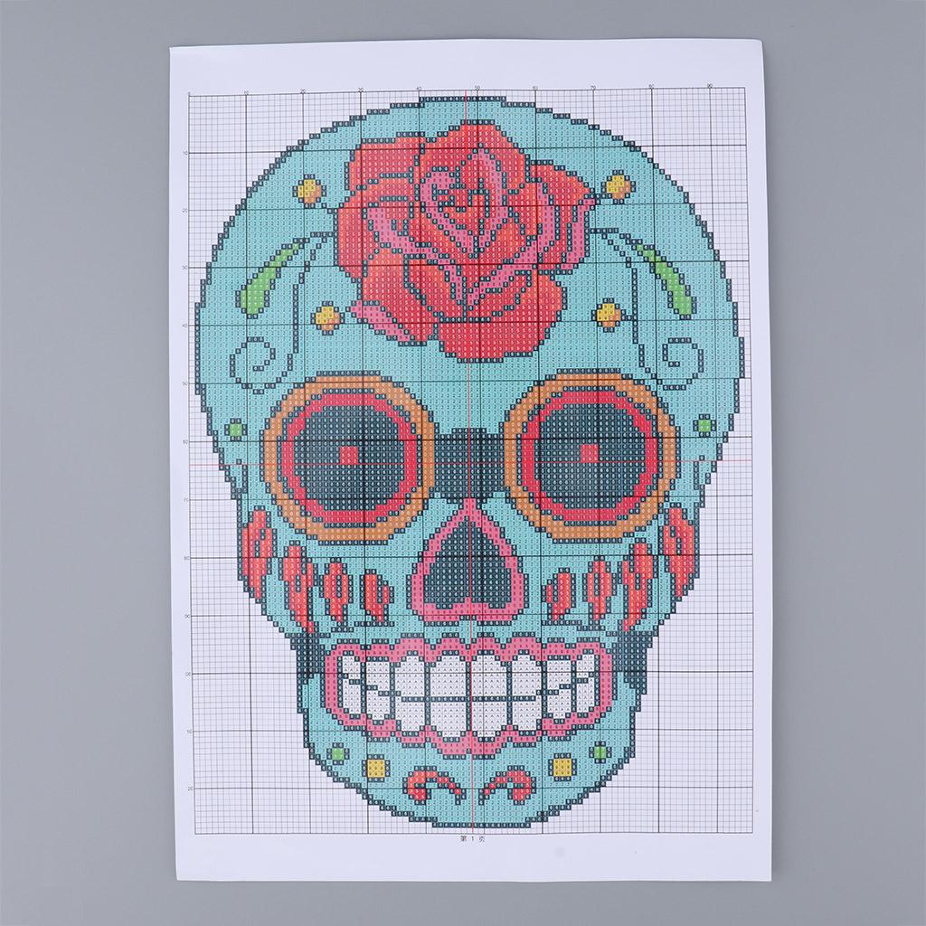 Flower Skull Stamped Cross Stitch Embroidery Kit DIY Needlework 11CT 28x39cm