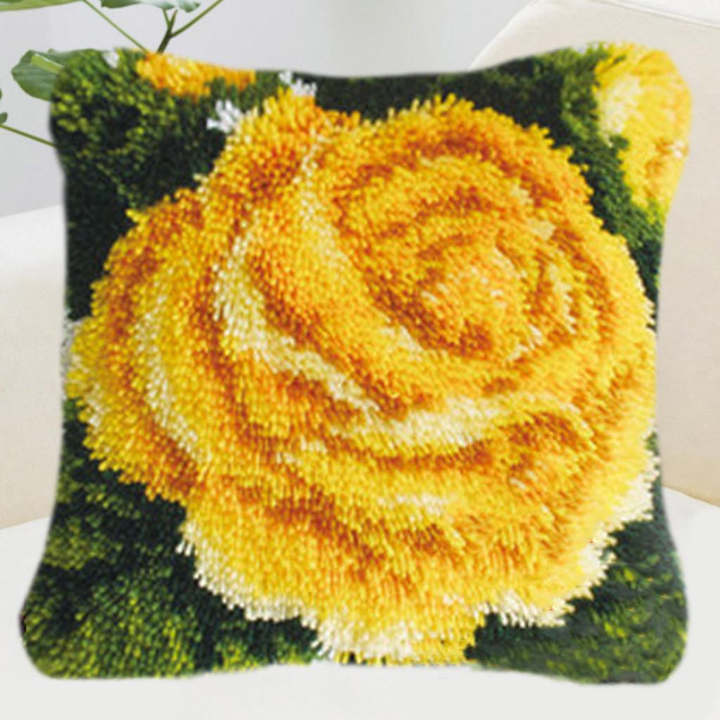 Yellow Rose Latch Hook Kit for DIY Pillow Cover Sofa Cushion Cover 40x40cm