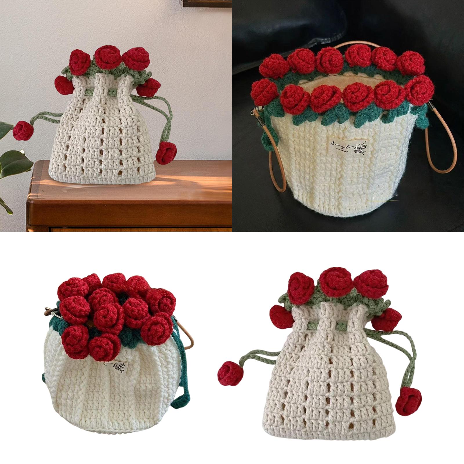 Crochet Bag Materials Fashion Rose Drawstring Pouch for Travel Beach Holiday Drawstring Bag
