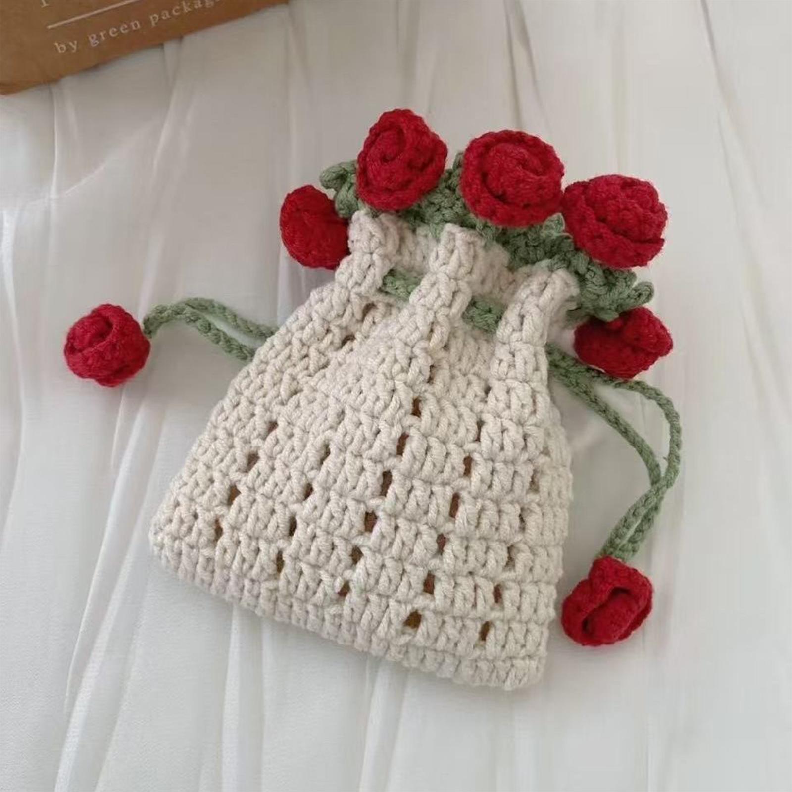 Crochet Bag Materials Fashion Rose Drawstring Pouch for Travel Beach Holiday Phone Bag