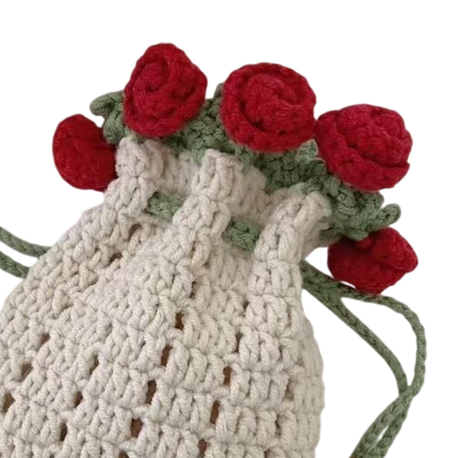 Crochet Bag Materials Fashion Rose Drawstring Pouch for Travel Beach Holiday Phone Bag