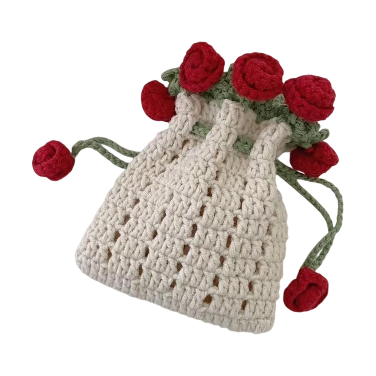 Crochet Bag Materials Fashion Rose Drawstring Pouch for Travel Beach Holiday Phone Bag