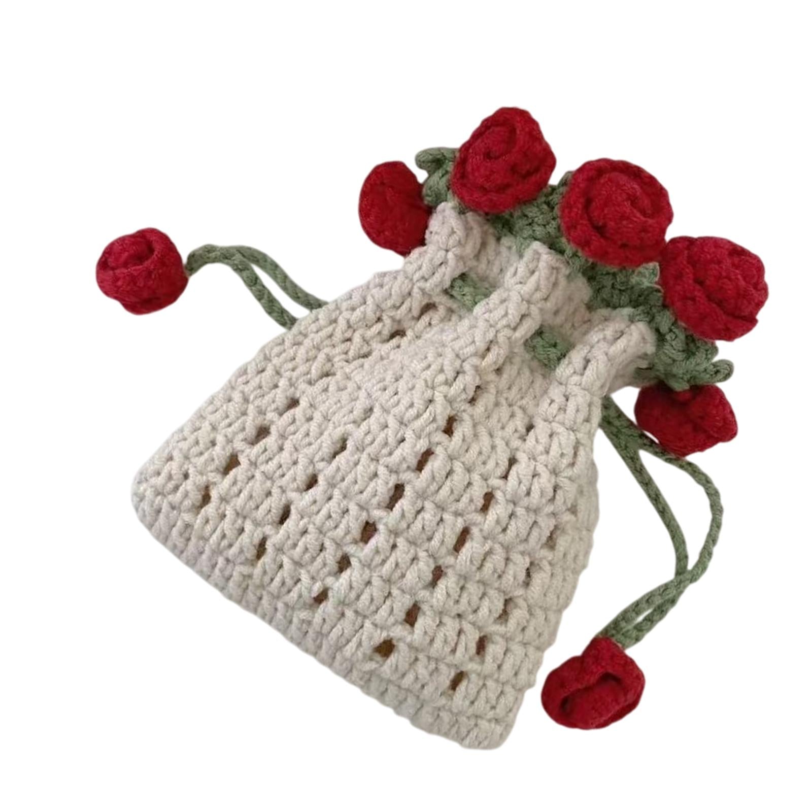 Crochet Bag Materials Fashion Rose Drawstring Pouch for Travel Beach Holiday Phone Bag