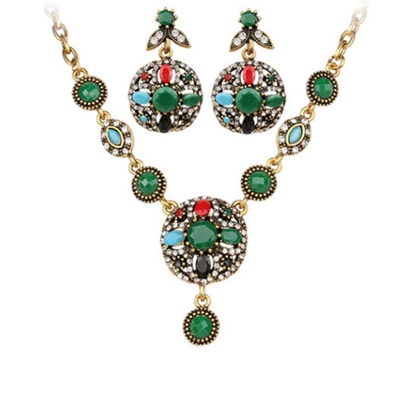 Vintage Ethnic Style Jewelry Set Necklace Earrings (Green)