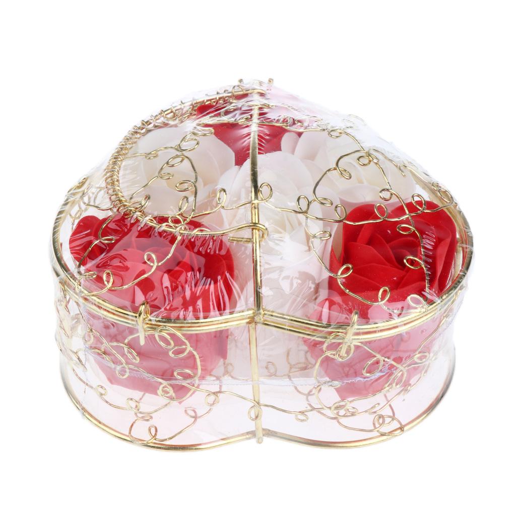 6 Pieces Rose Soap Flowers Petals Gift Box for Mother's Day Red and White