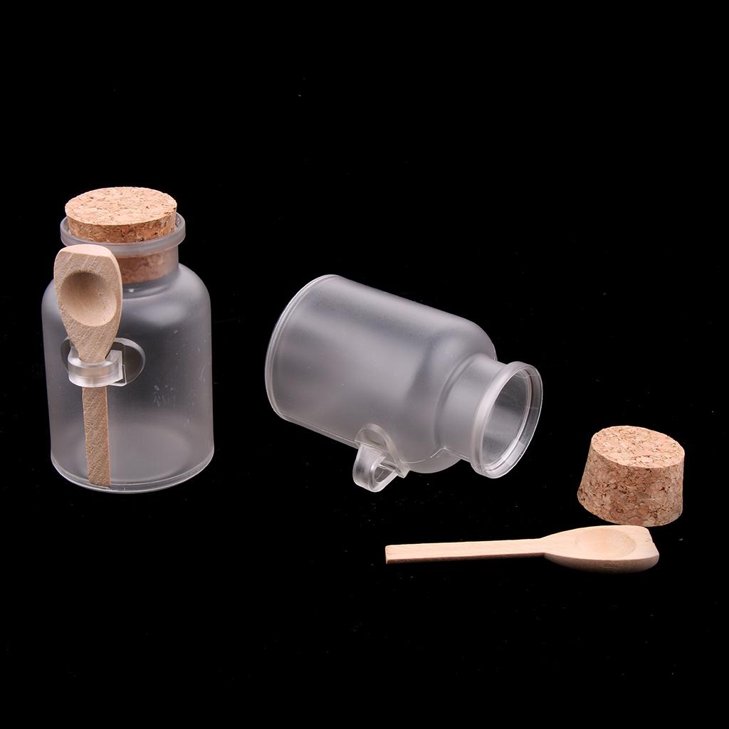 2 Pieces ABS Bath Salt Bottles Empty Clear Corked Jar with Wood Spoon 100g