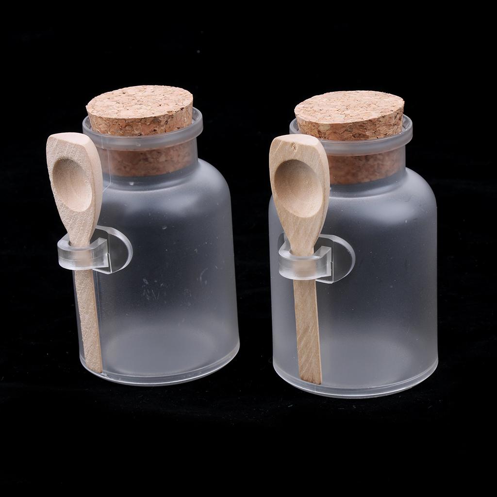 2 Pieces ABS Bath Salt Bottles Empty Clear Corked Jar with Wood Spoon 100g