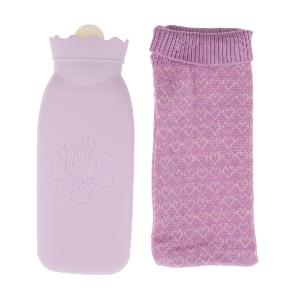 Portable Heat Water Bag Hot Water Bottle with Knit Cover for Warming Purple