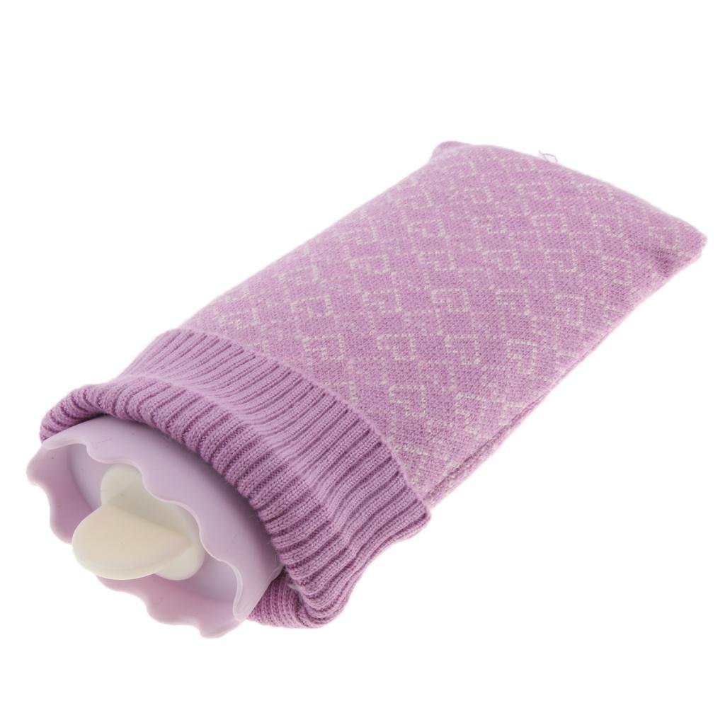 Portable Heat Water Bag Hot Water Bottle with Knit Cover for Warming Purple