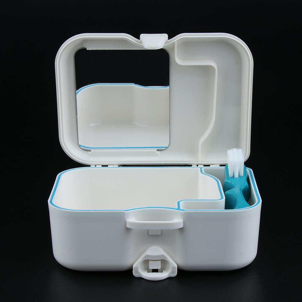 Portable Denture Case with Built In Mirror Brush Teeth Storage Container Box