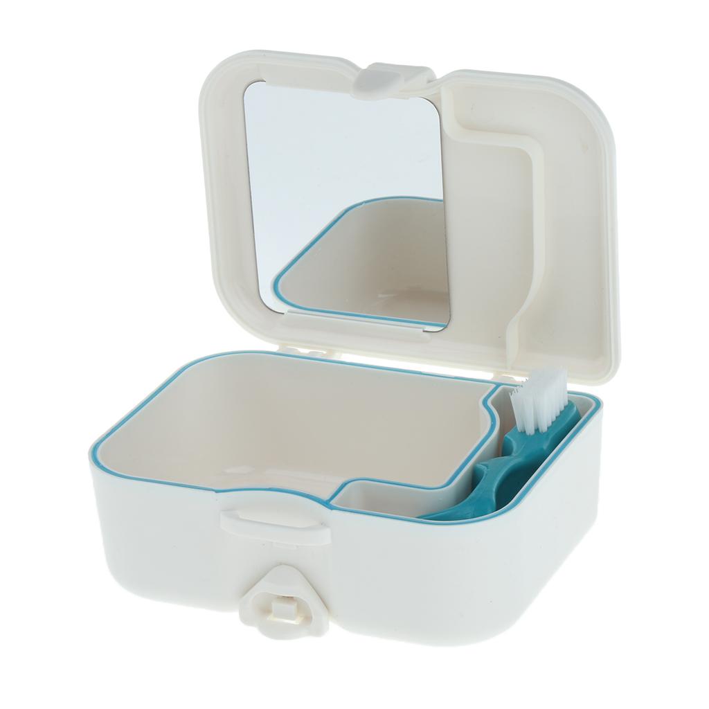 Portable Denture Case with Built In Mirror Brush Teeth Storage Container Box