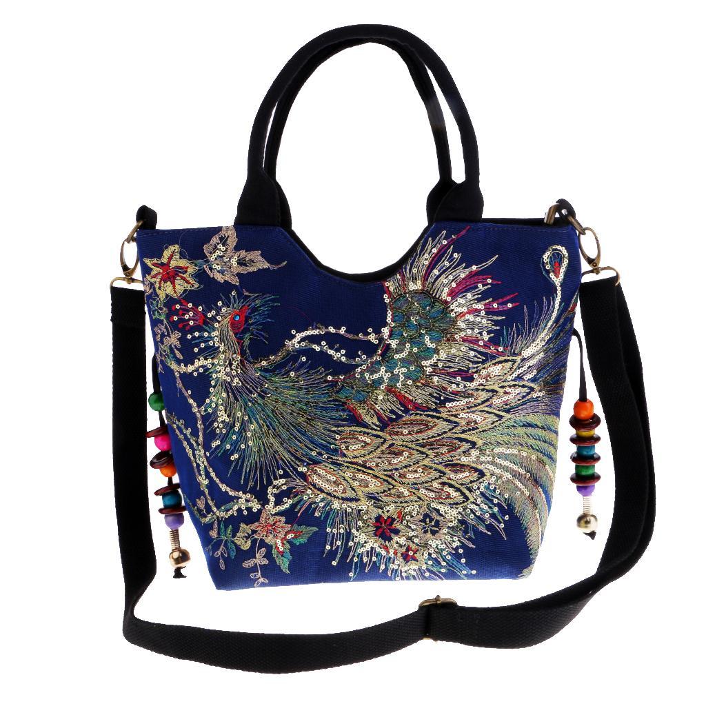 Handmade Peacock Embroidery Ethnic Travel Shoulder Bag Women Bags -Dark Blue