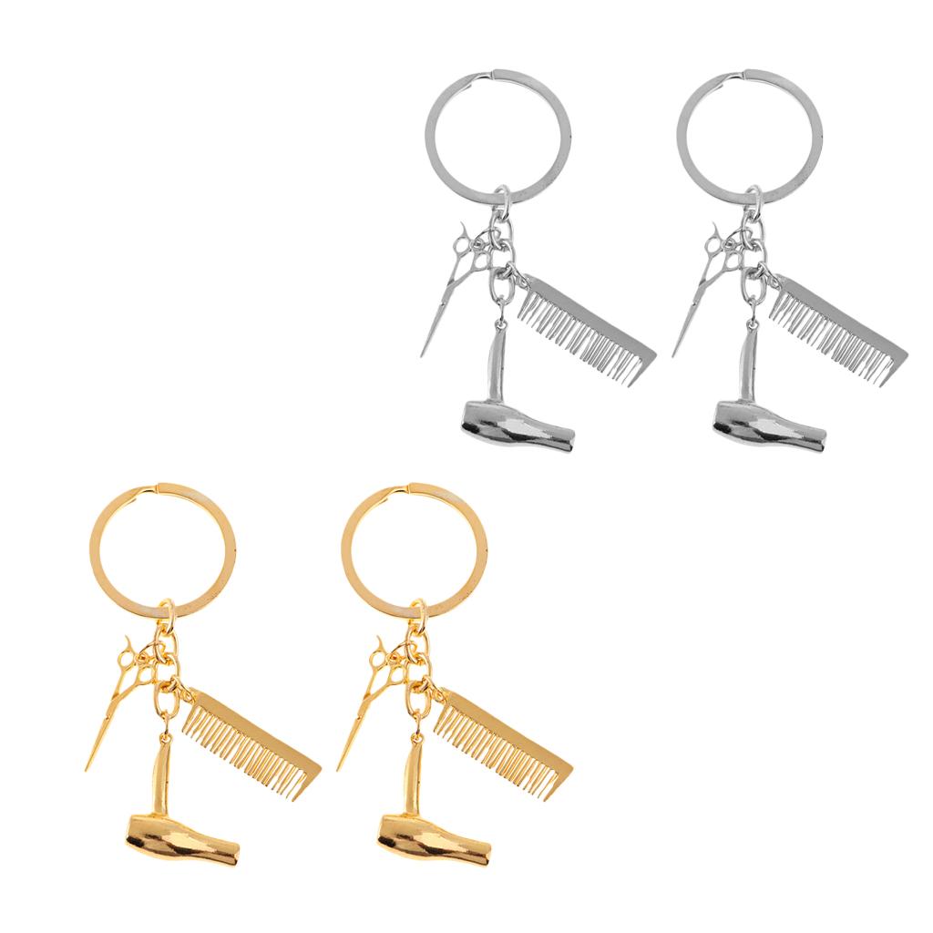 2Pcs Hair Dryer Scissor Comb Dangle Pendant Keychain Creative Keyring Golden