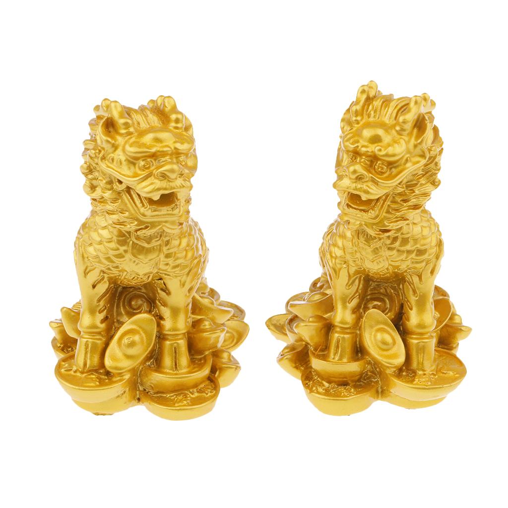 Chinese Lions Figurine Statue Resin Ornaments Home Decor Crafts Gold M