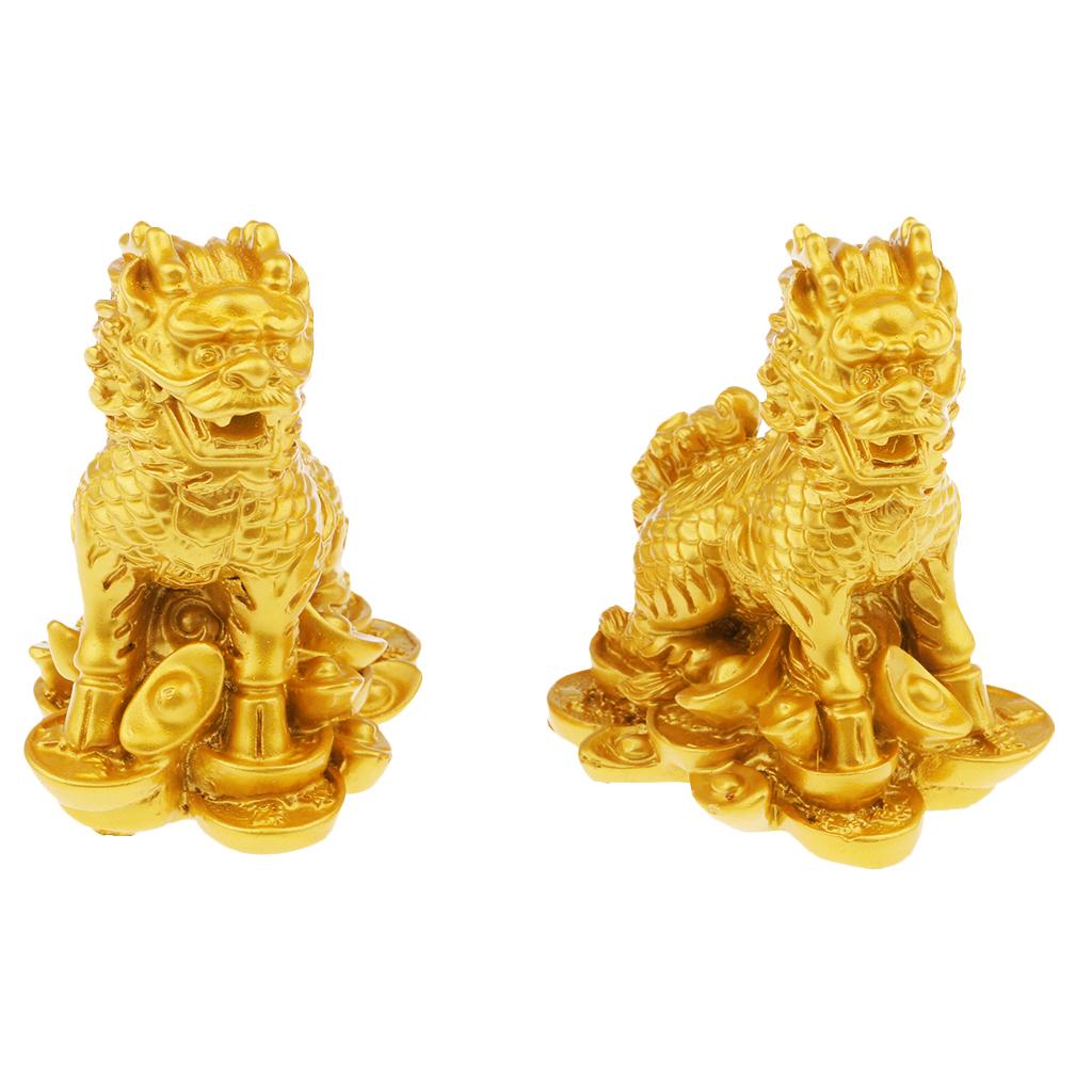 Chinese Lions Figurine Statue Resin Ornaments Home Decor Crafts Gold M